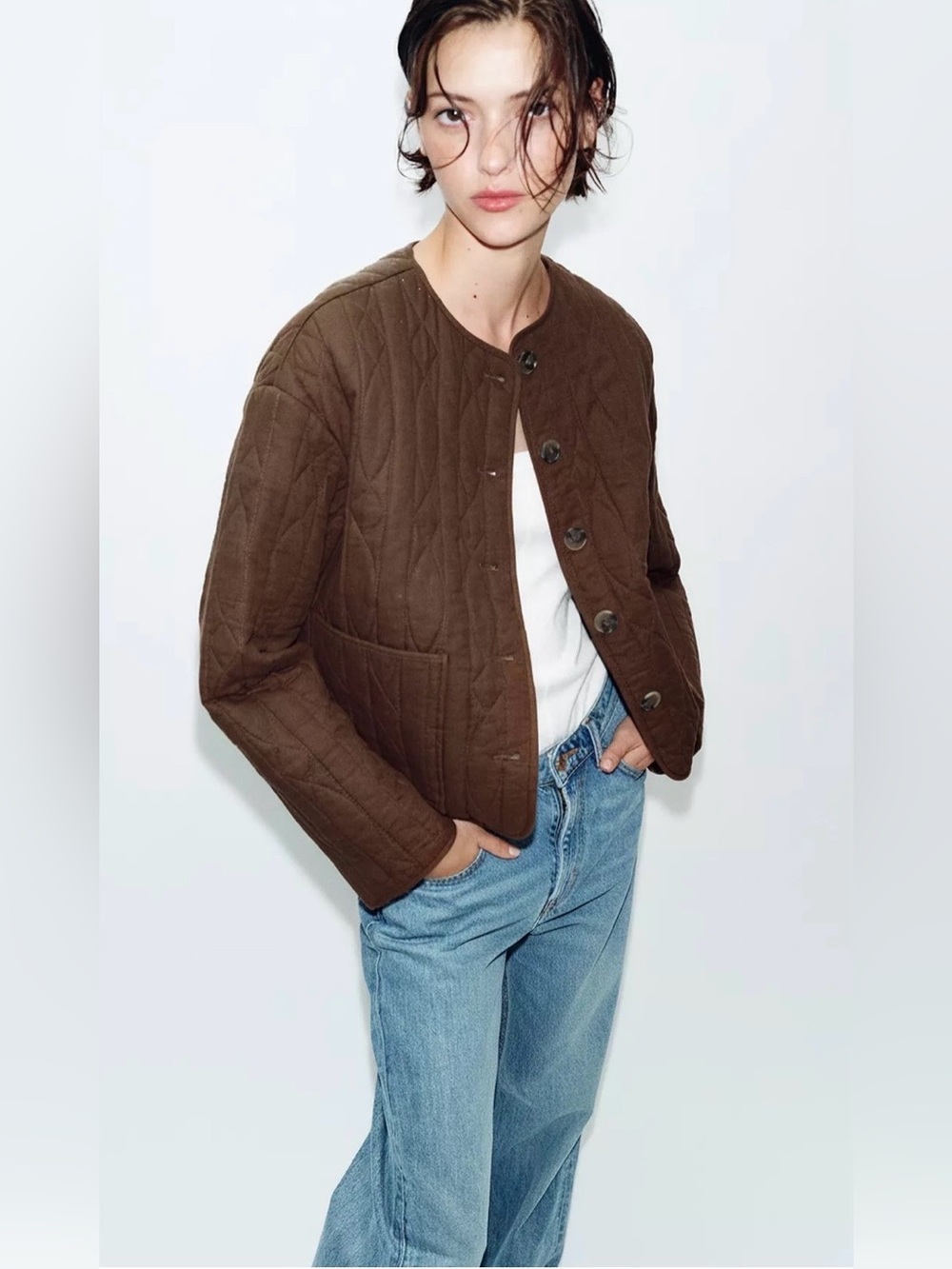Zara NWT Brown Quilted Jacket | Button Front Patch Pocket Lightweight Coat